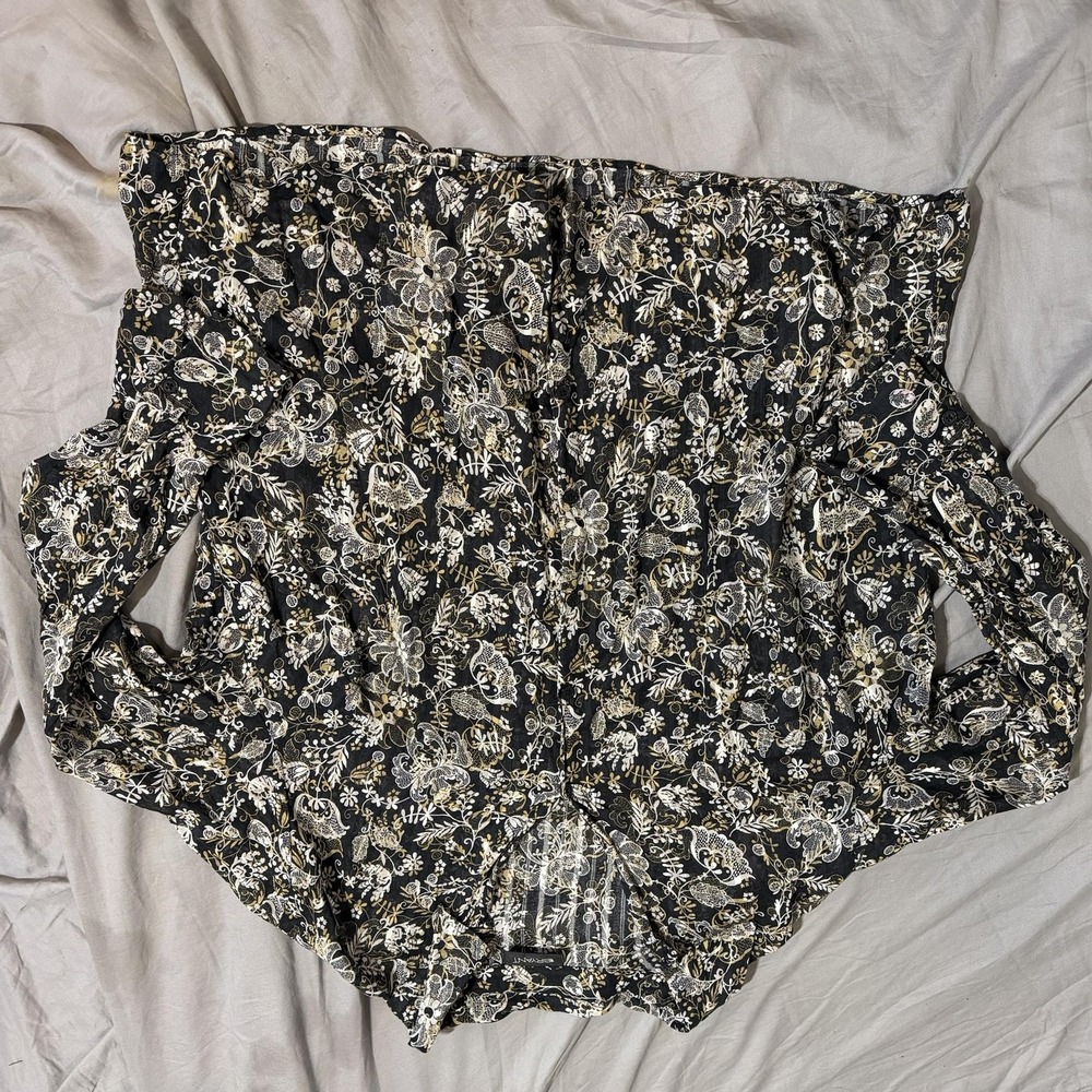 Lane Bryant Blouse Womens 22/24 Black Floral Ruffle V-Neck Long Sleeve Tunic